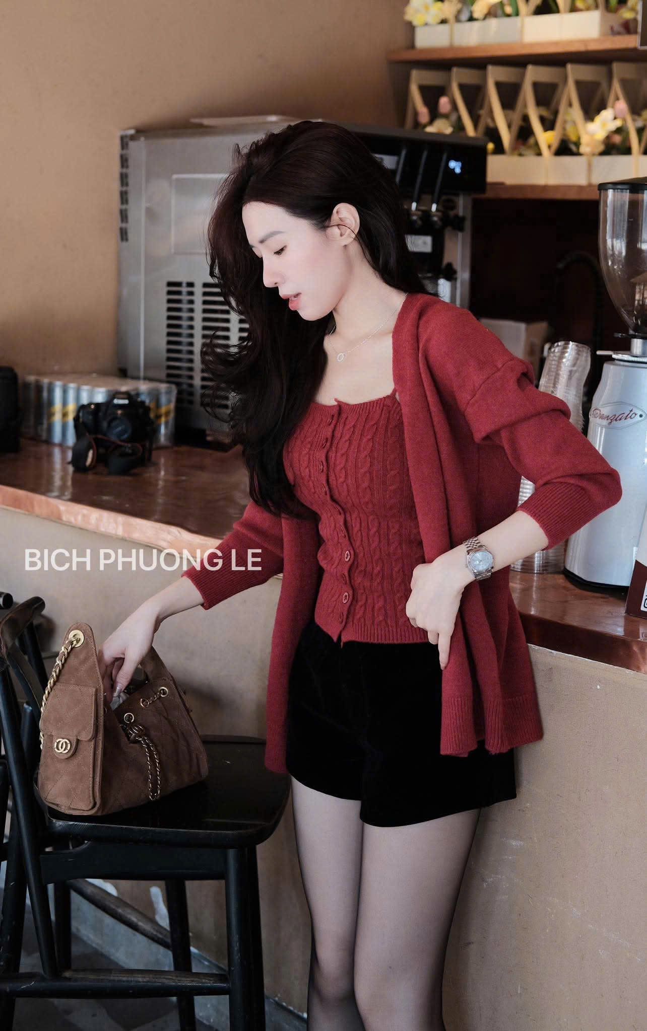  Set áo len hai dây cài nút kèm khoác cadigan - ĐỎ - Z43 ( áo 2s 59cm , khoác 60cm ) 