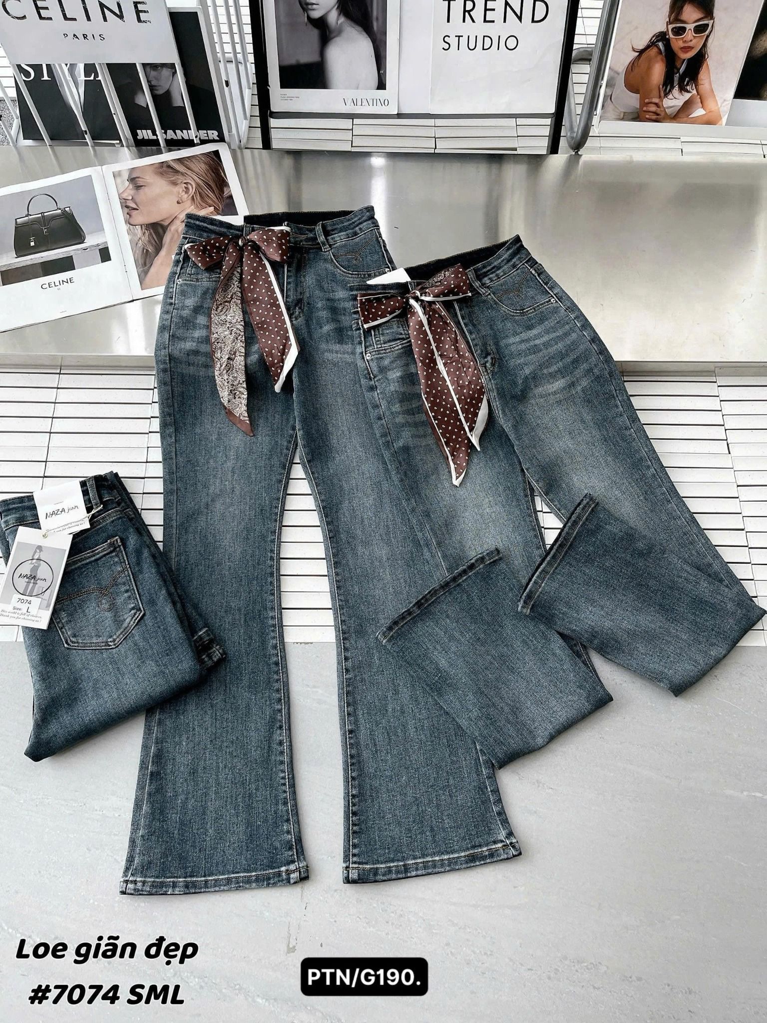  Quần jeans ống loe cạp cao chất co giãn - ĐẬM - N61 ( eo S<66 , M<70, L<74 ) DÀI 100CM 