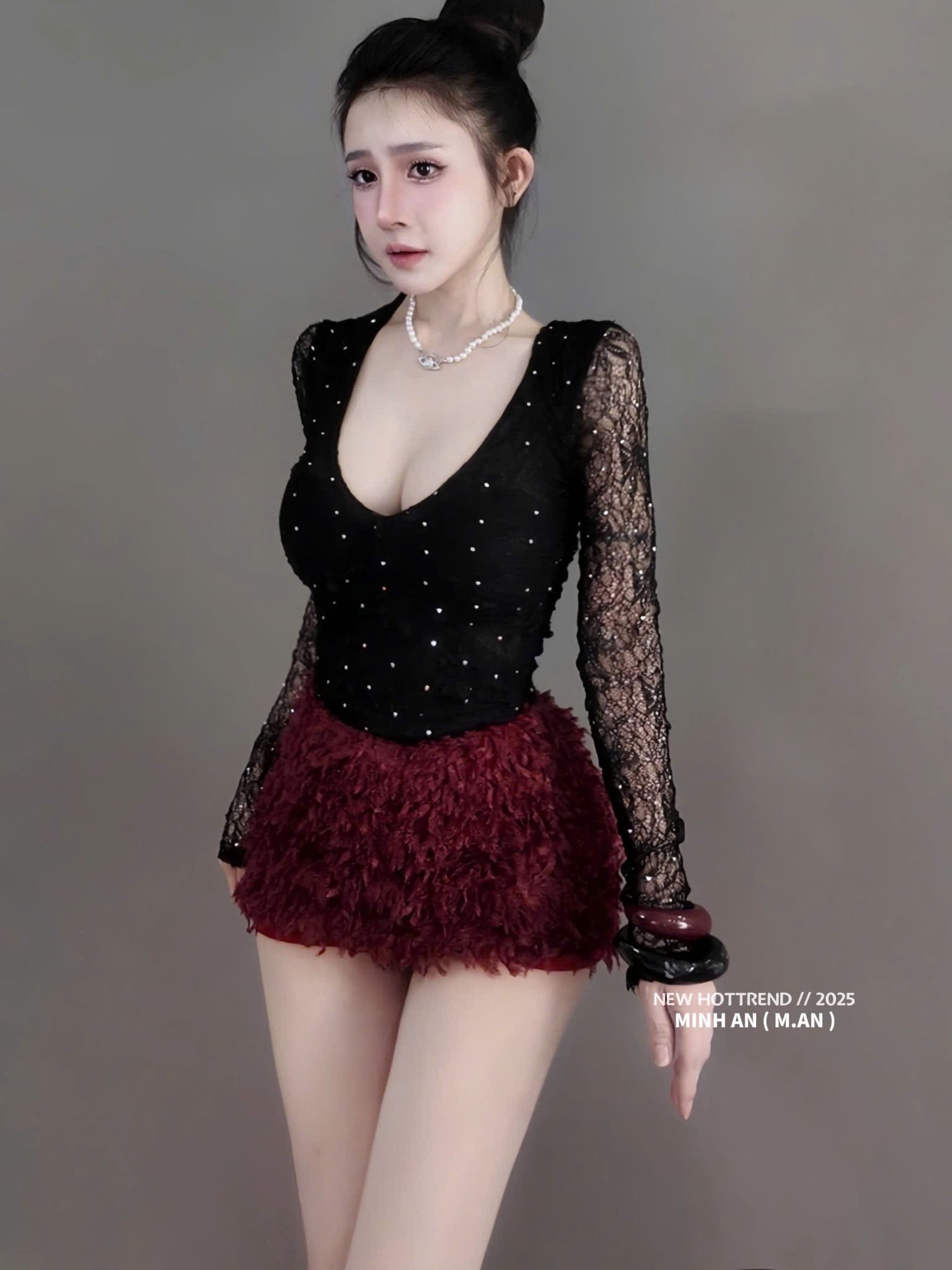  Set áo ren lưới đính đá mix chân váy lông vũ - ĐEN - G73 ( eo S<68, M<72 ) 