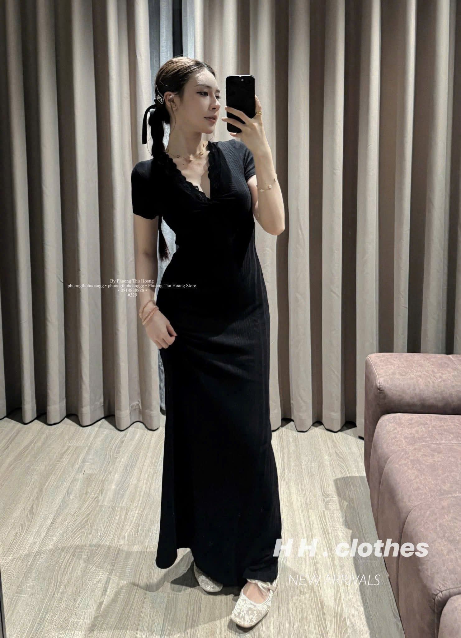  Đầm tăm dáng dài cổ ren xoắn ngực - ĐEN - A316  (0) 