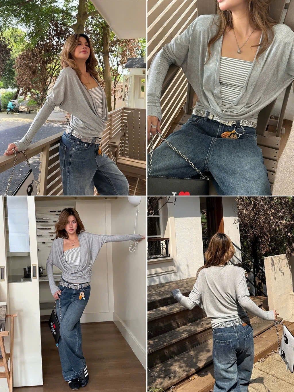  Set áo quây kẻ sọc mix áo cổ đổ tay dài - XÁM - Z51 