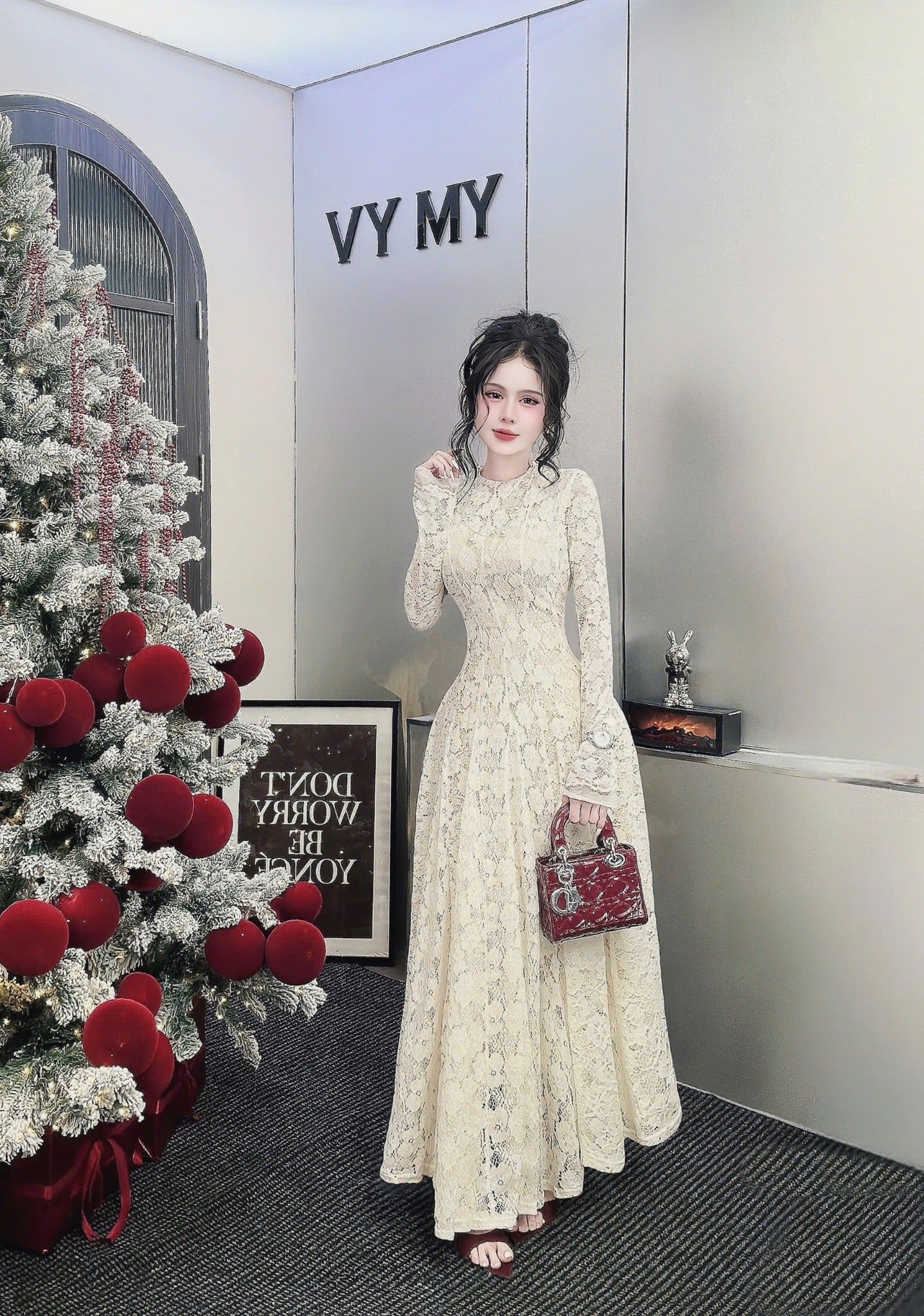  Váy ren tiểu thư tay dài dáng suông hàng cao cấp - R262 (EO S<68, M<72, L <76) - DÀI 135CM 