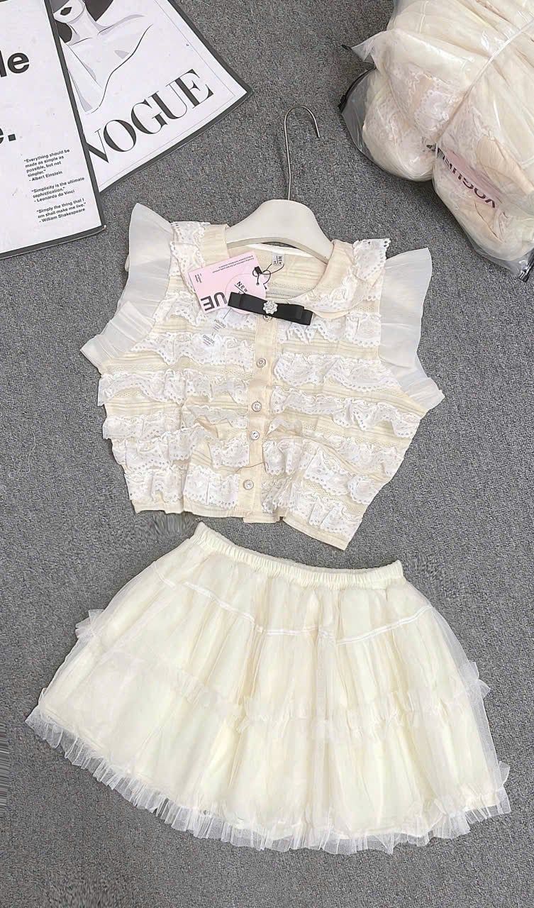  Set áo sát nách phối bèo mix chân váy ren tầng ( dưới 52kg ) - N144 H32 