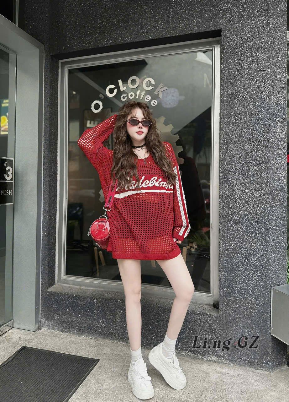  Áo len lưới tay dài chữ made phối viền phong cách - ĐỎ - L10 