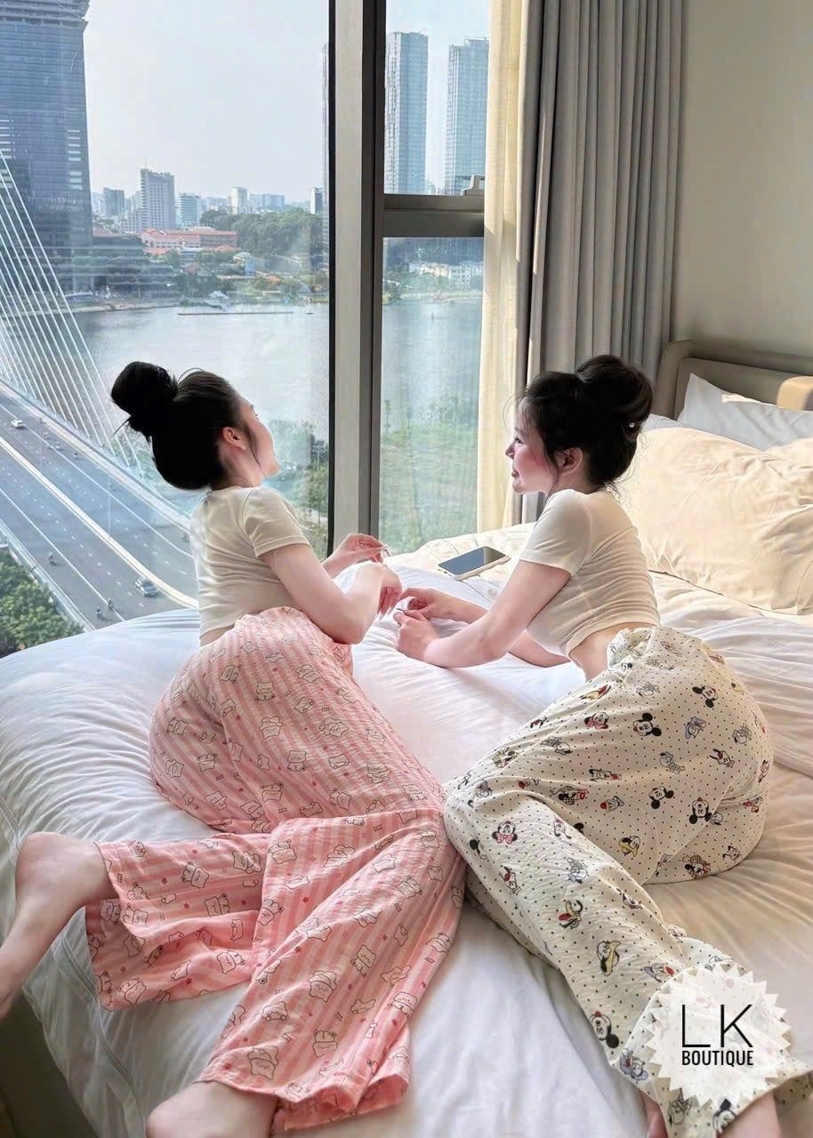  Set áo croptop mix quần họa tiết dáng dài dễ thương - HỒNG - K253 