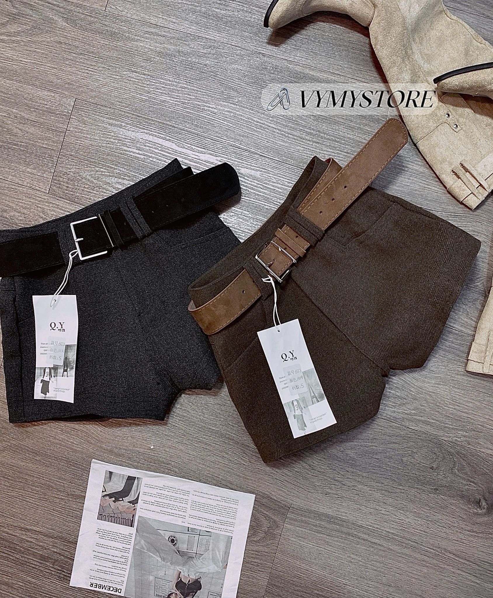  Quần short chất dạ đính cúc bạc hàng QC form siêu đẹp kèm đai - GHI - R69 (eo S<66, M<70, L<74) 