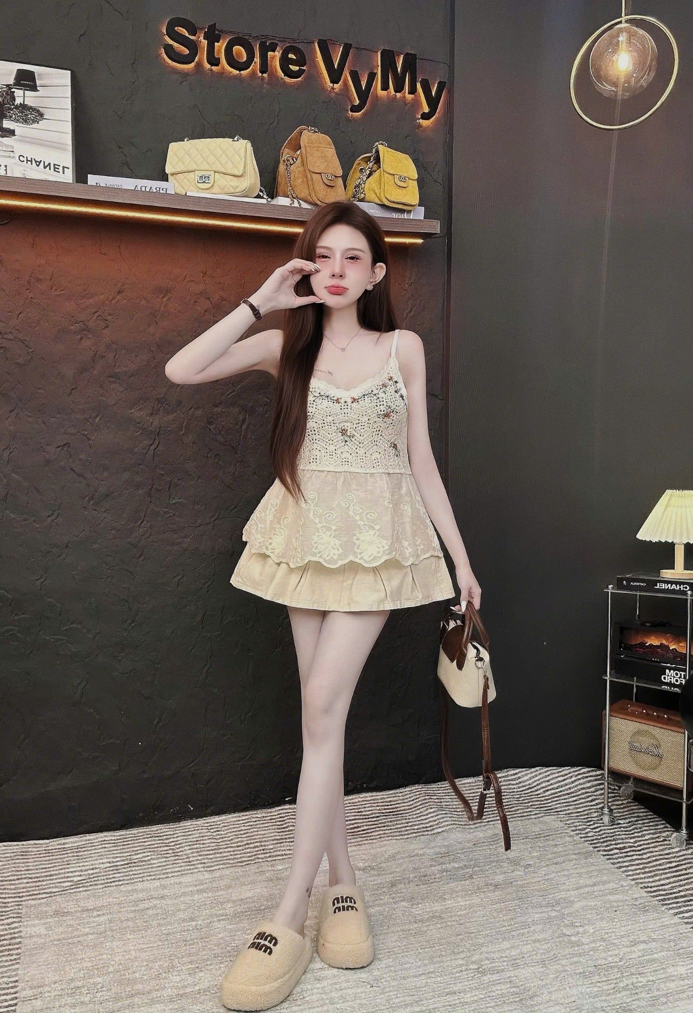  áo hai dây họa tiết thổ cẩm - KEM - E41 
