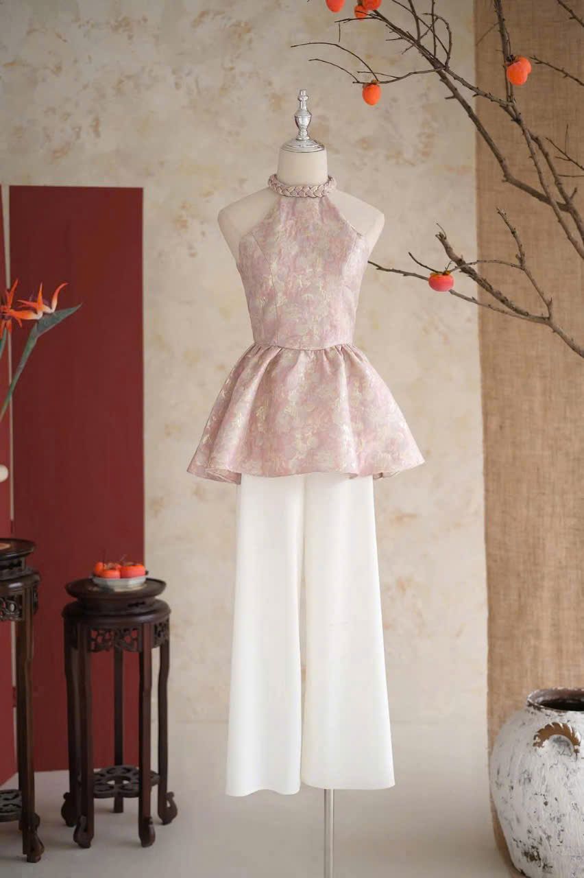  Set gấm yếm có mood ngực mix quần suông lụa - XANH - R88 ( EO S<68, M<72 ) 