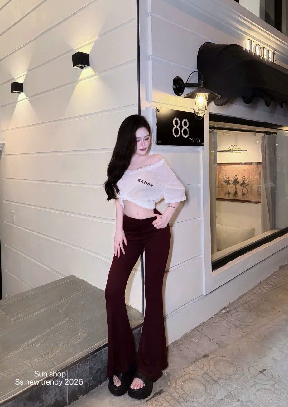  Set áo cố V in chữ BAD mix quần ống loe dáng dài - ĐỎ - Z6 (EO S<68, M<72) 