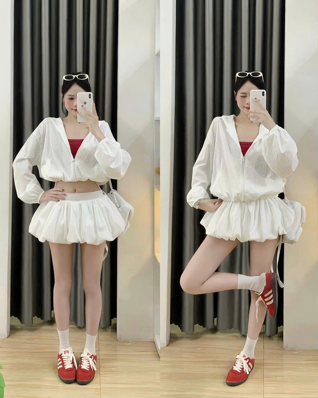  Set 3 món áo hai dây + khoác dù + chân váy - ĐỎ - H98 