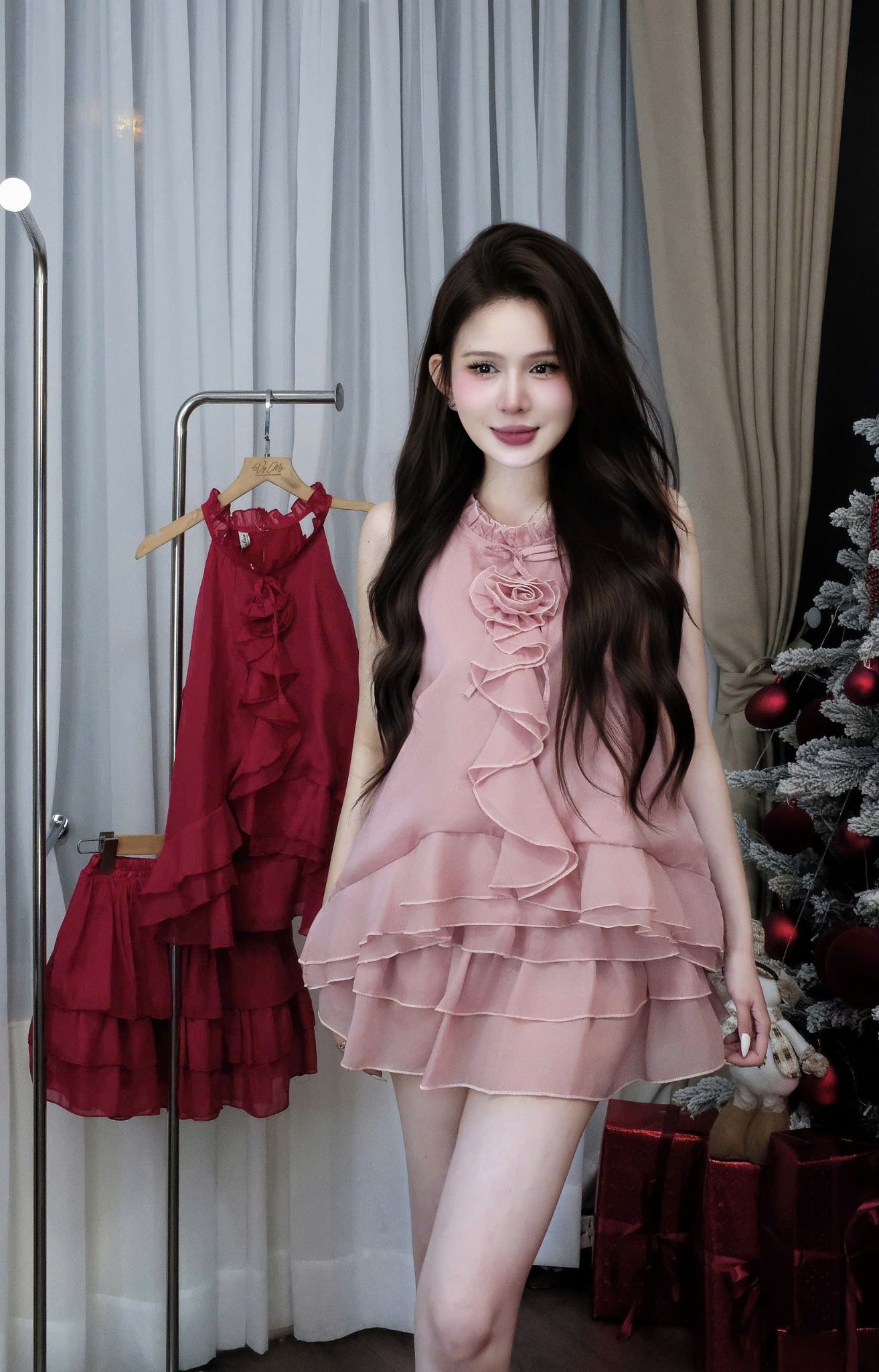  Set áo cổ yếm đính hoa mix chân váy tầng xòe - HỒNG - C37 