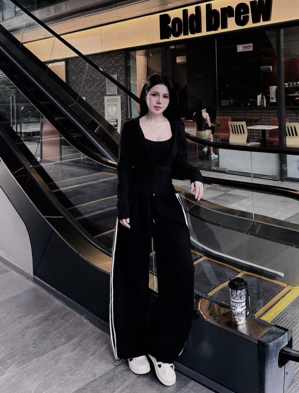  Set 3 món áo khoác ADD kèm áo 2s mix quần suông kẻ sọc - ĐEN - S32 