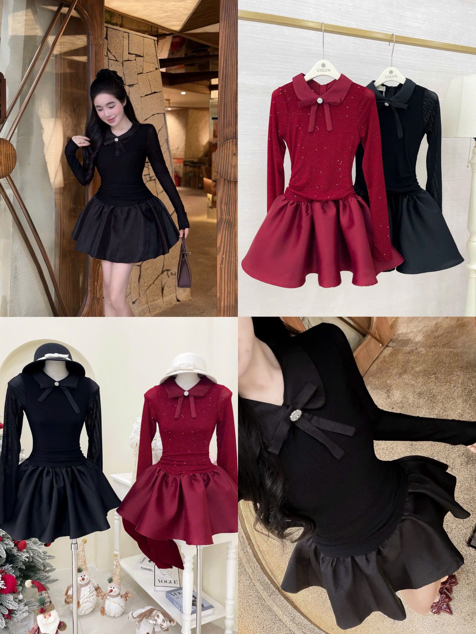  Đầm tay dài cổ sen đính nơ tùng tafta - ĐEN - S148 ( DÀI 82CM ) 