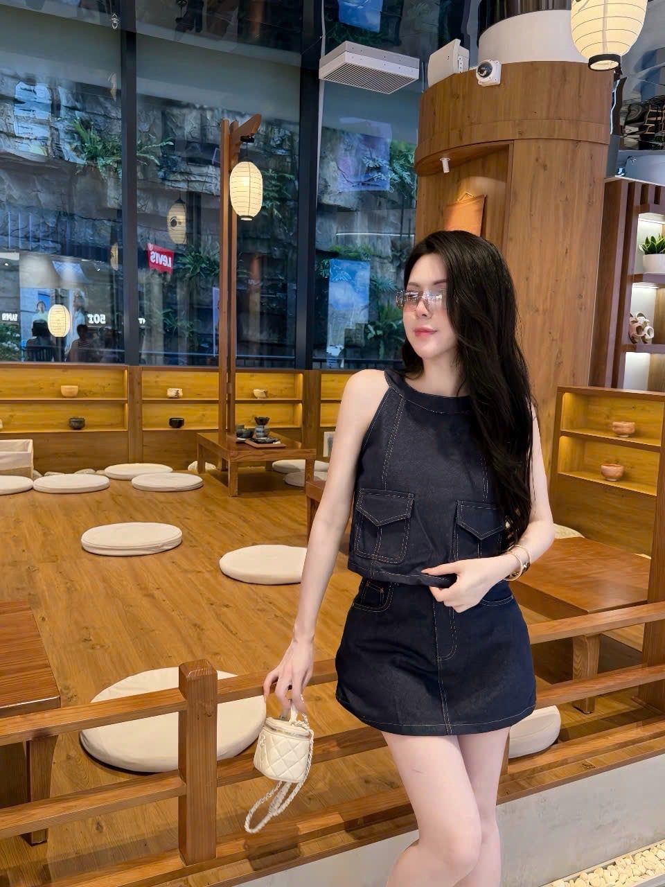  Set jean bò túi hộp sát nách mix chân váy - Q156 (EO S<68, M<72) 
