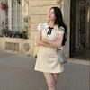 Đầm cổ sen họa tiết chấm bi đính nút bọc dễ thương - A016 ( eo S<72, M<76 ) (0)