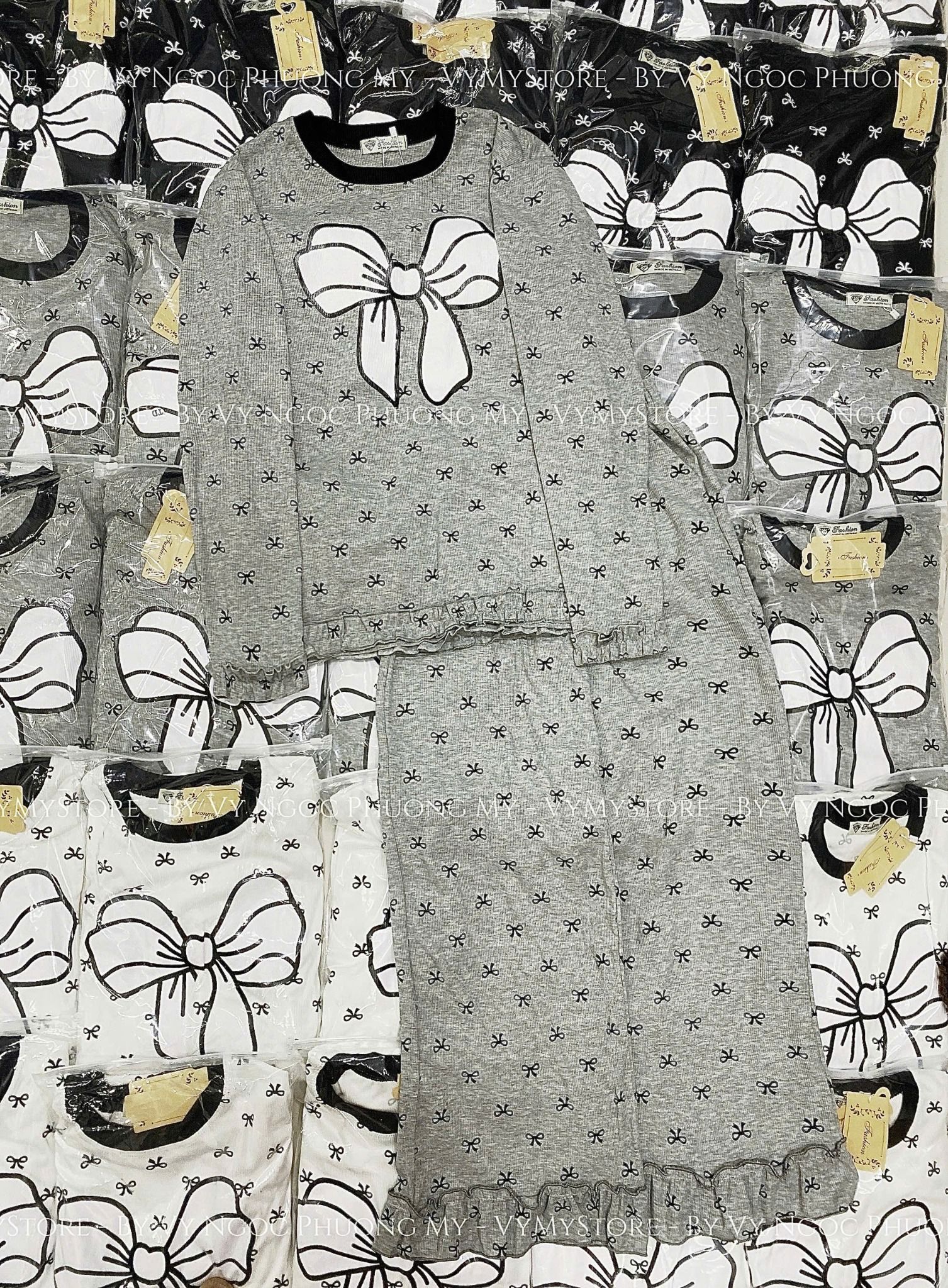  Set áo tay dài thun gân mix quần suông họa tiết nơ - XÁM - G159 ( dưới 58kg ) 