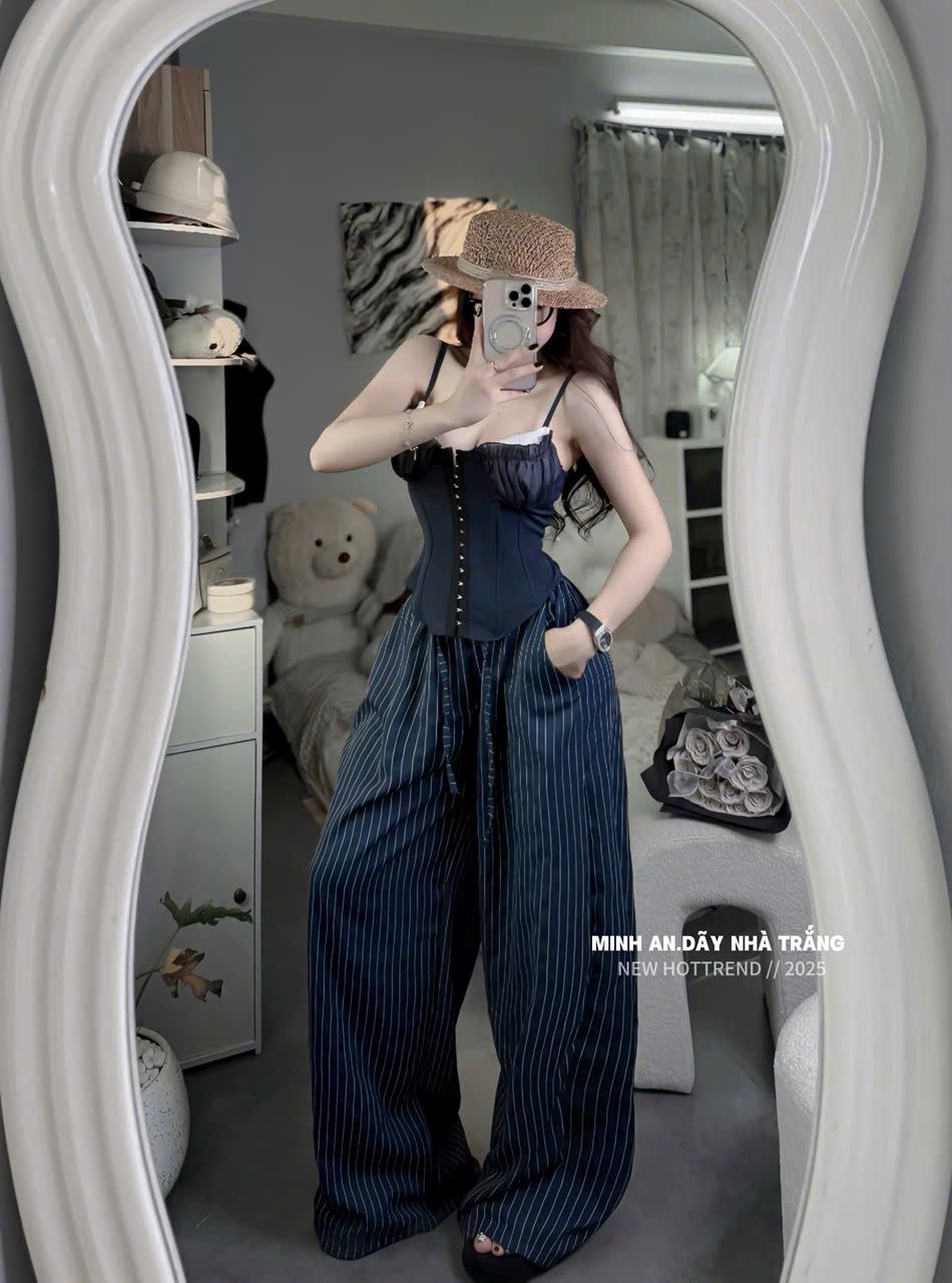  Set áo bra cài chiết eo mix quần suông rộng kẻ sọc - XANH - R302 ( 50% lưng chun )(0) 
