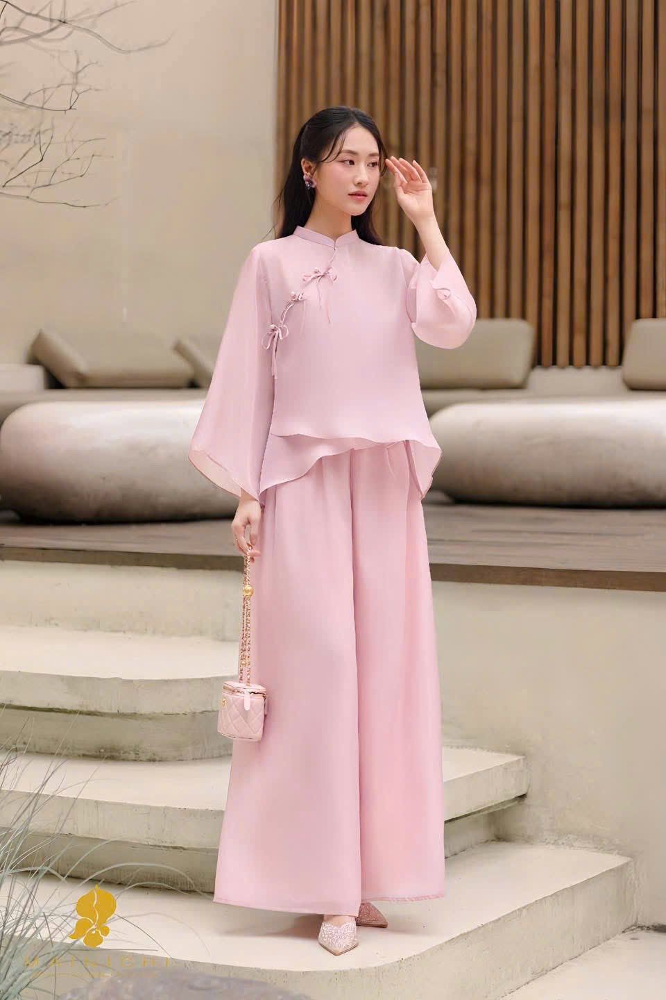  Set bộ cách tân áo đúp lót 2 lớp cột nơ nút ngọc mix quần suông - H27 ( S<52KG, M<57KG ) ( ÁO 56CM , QUẦN 100CM ) 