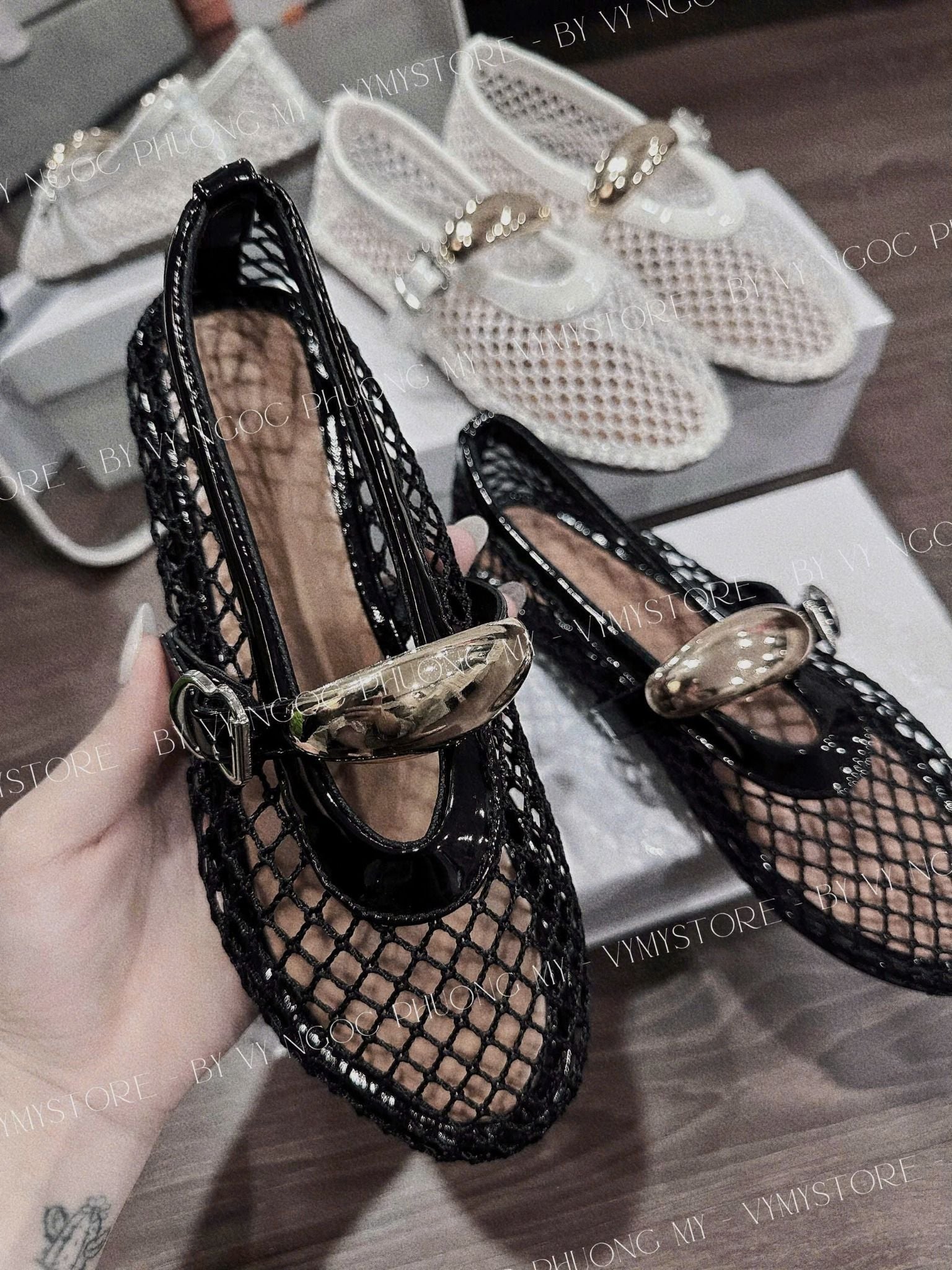  Giày búp bê rọ lưới quai phối charm lớn hottrend - ĐEN - N8 