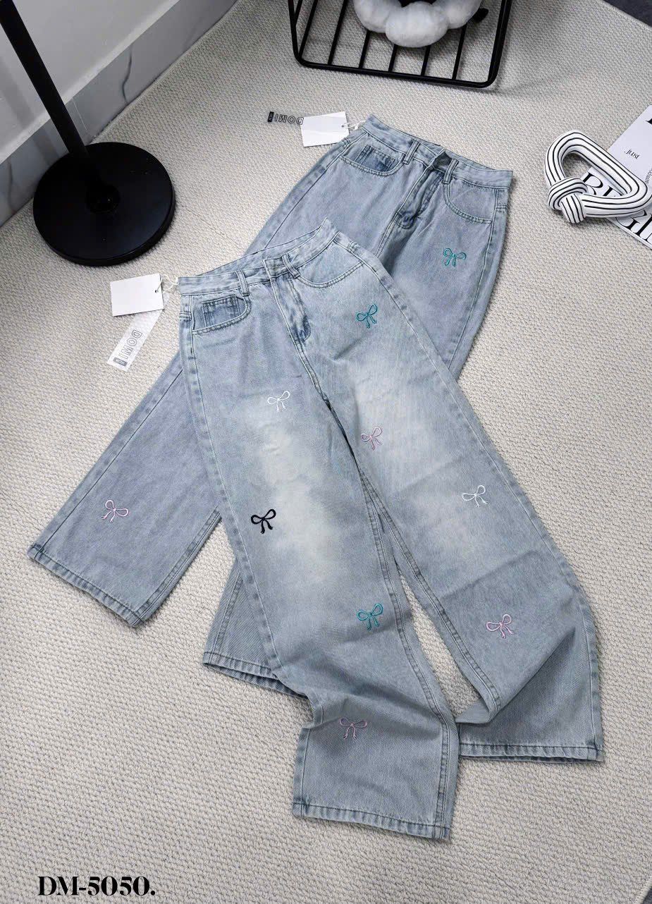  Quần JEANS suông dài họa tiết nơ - E269 ( eo S<64, M<68, L<72 ) 