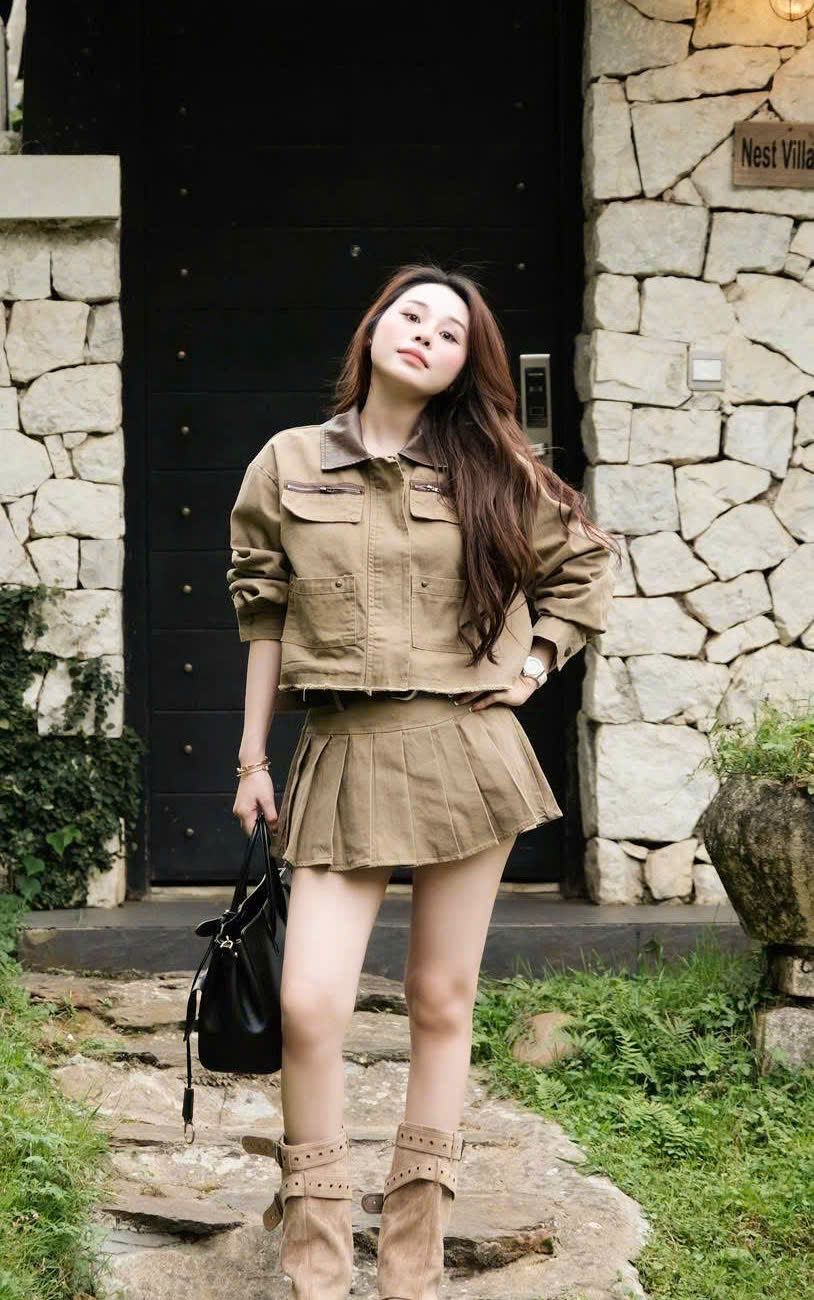  Set áo khoác cổ da dây kéo mix chân váy xếp ly kèm nịt - G98 ( eo S<68, M<72 ) 