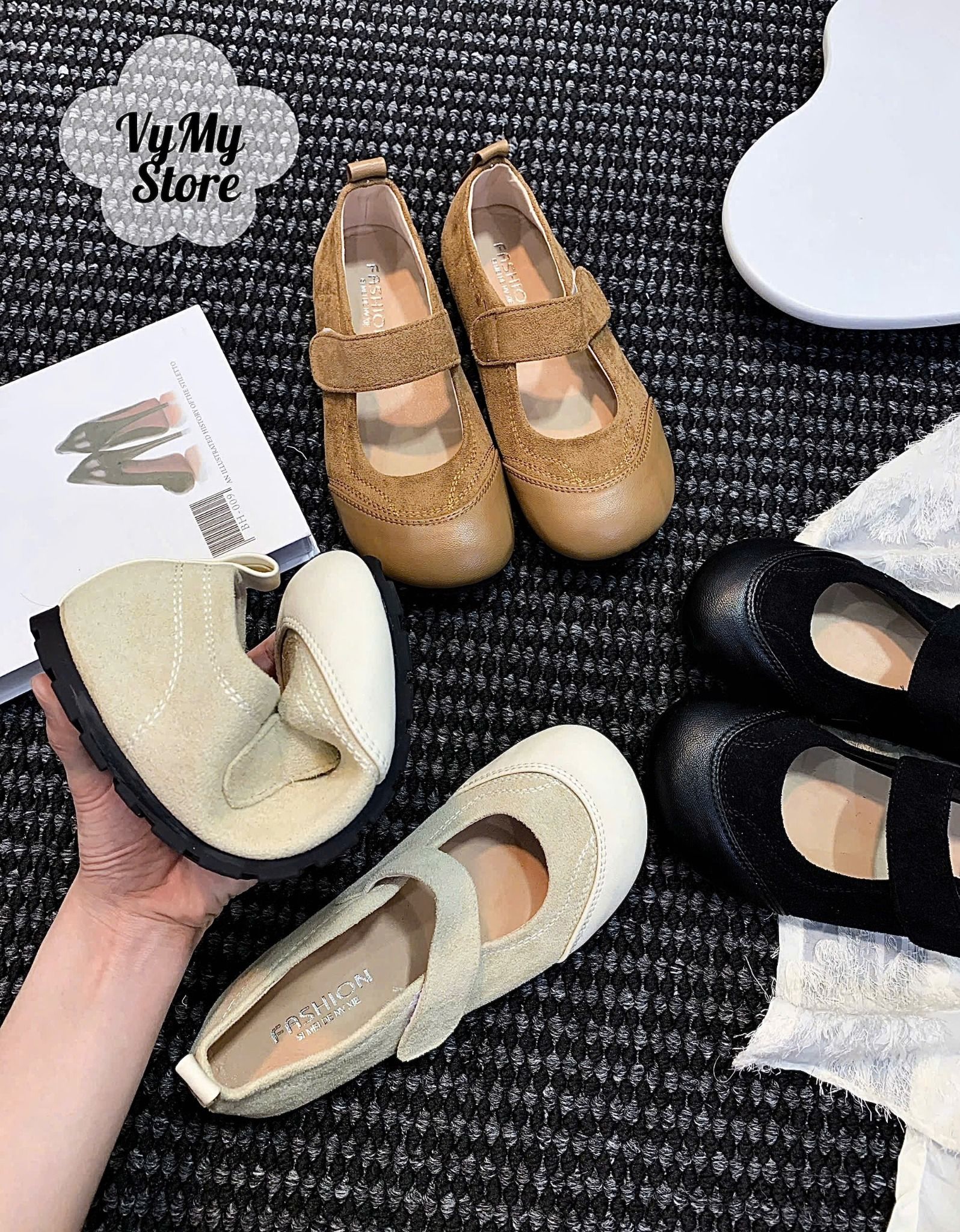  Giày búp bê mũi tròn da lộn phối da - NÂU - Z11 