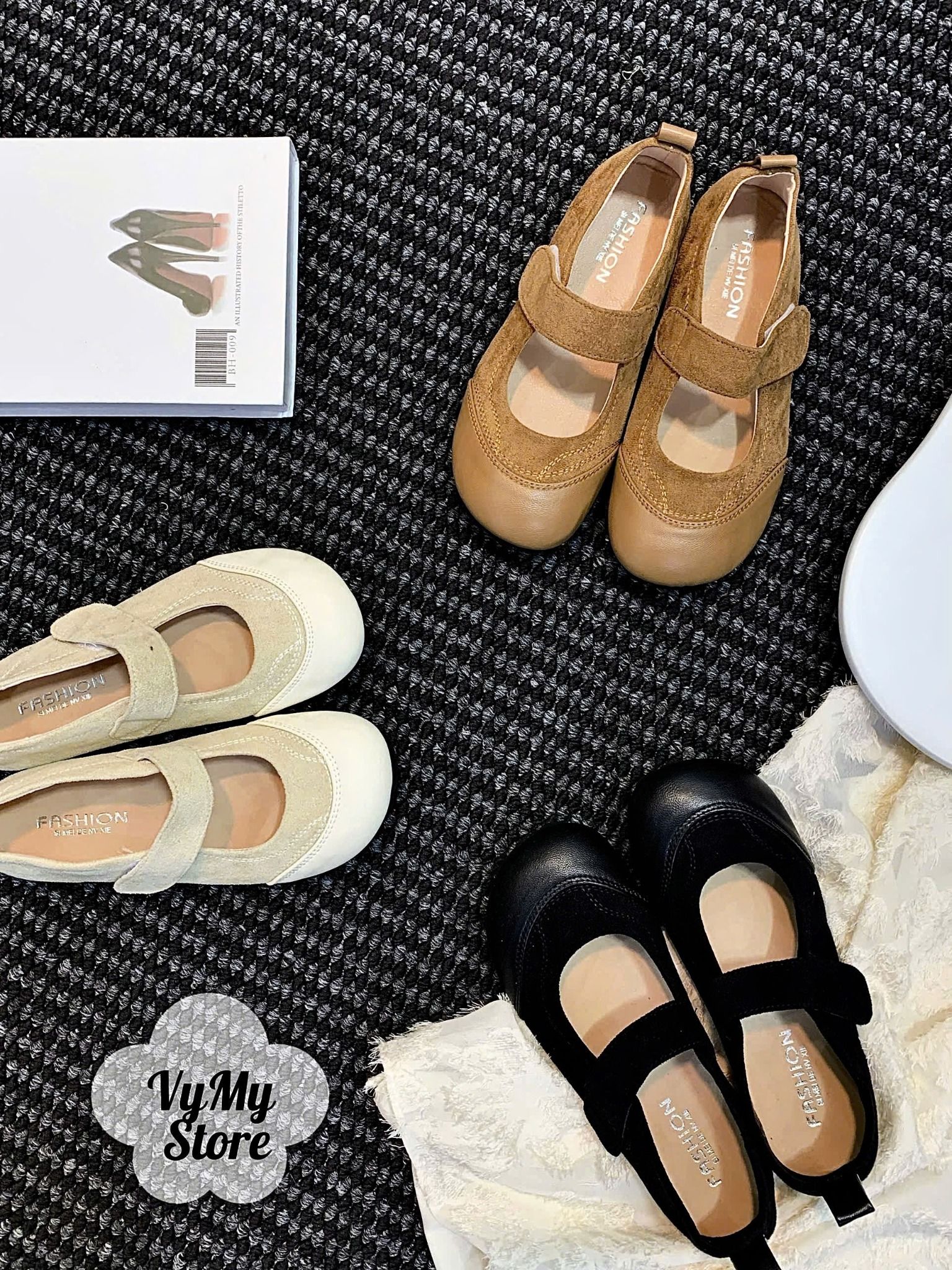  Giày búp bê mũi tròn da lộn phối da - ĐEN - Z9 