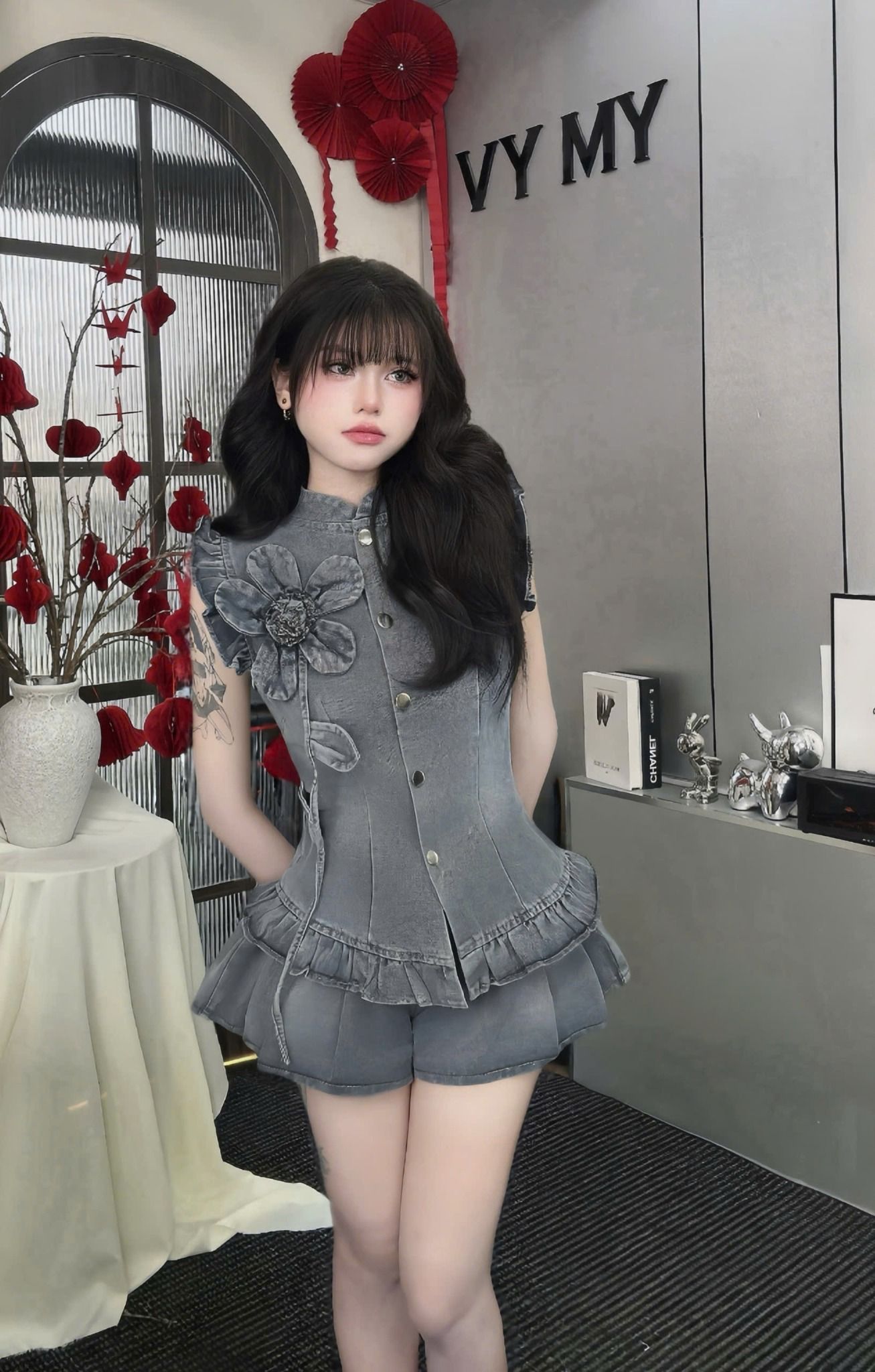  Set áo sát nách phối bèo đính hoa mix quần short ống rộng - ĐẬM - Z172 