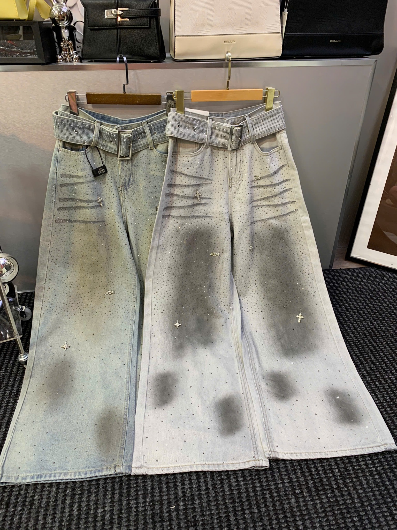  Quần suông đính đá wash màu bạc kèm đai phong cách - XANH - B131 ( eo S<66, M<70, L<74 ) DÀI 103CM 