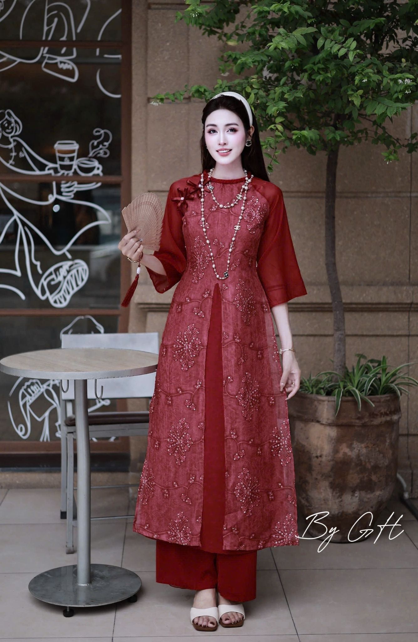  Áo dài cách tân thiên hoa XẺ TÀ mix quần lụa thanh lịch - ĐỎ - R97 ( 50% lưng chun, áo dài 125cm , quần 100cm ) 