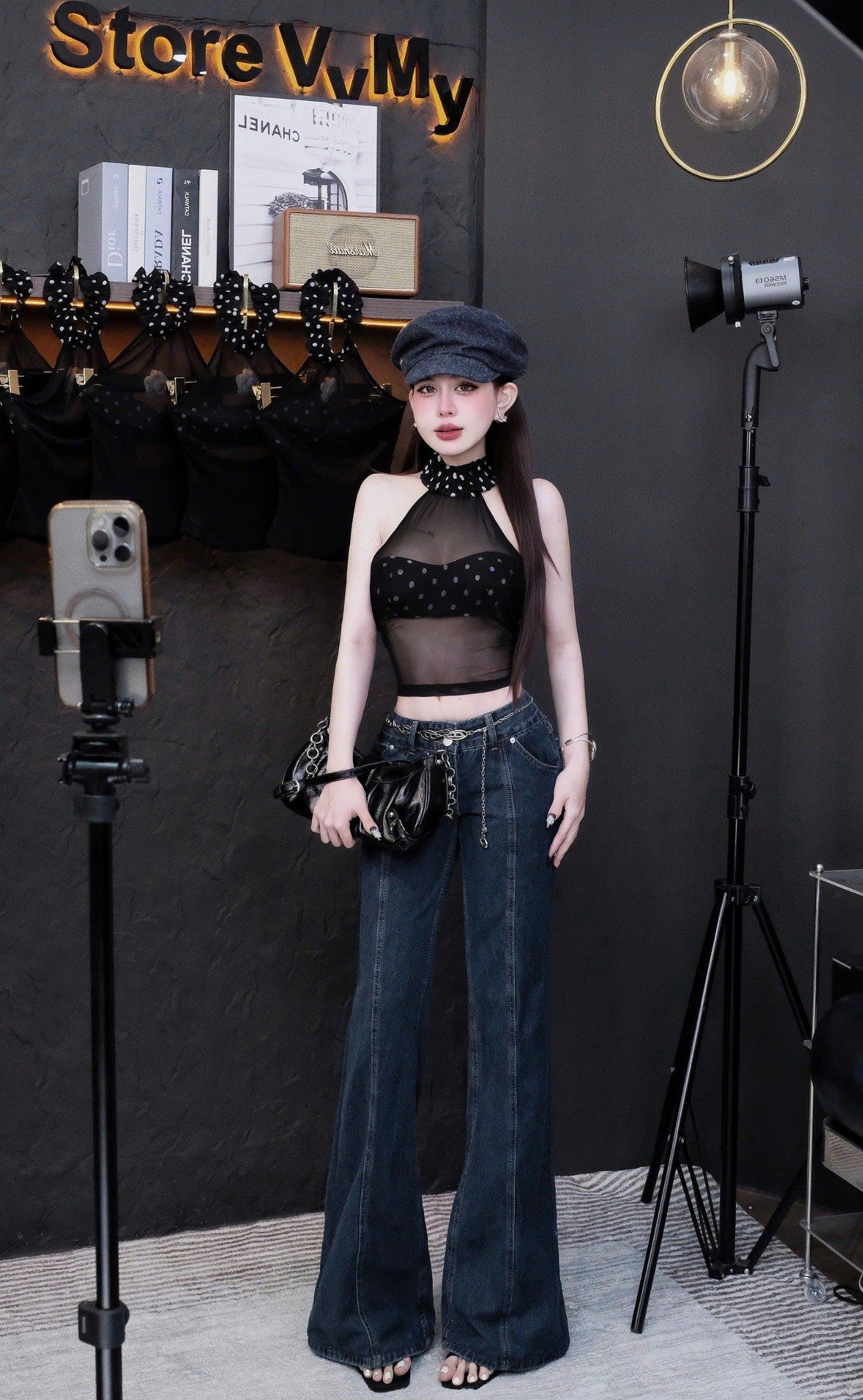  Áo cổ yếm lưới phối lót chấm bi chất vải mềm co giãn - E224 