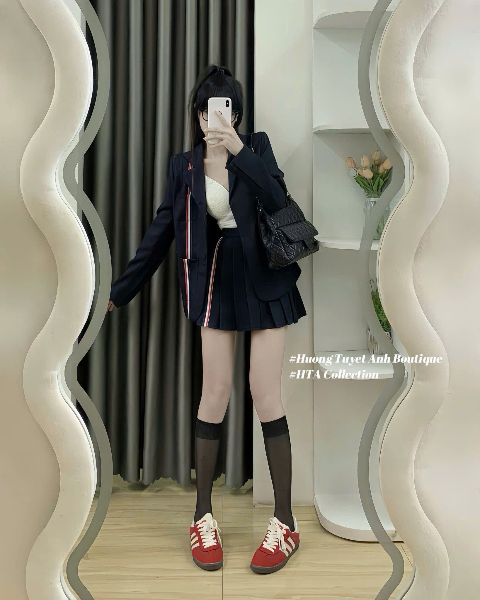  Set bộ VEST áo tay dài phối viền mix chân váy xếp ly - E277 ( eo S<68, M<72 ) H60 