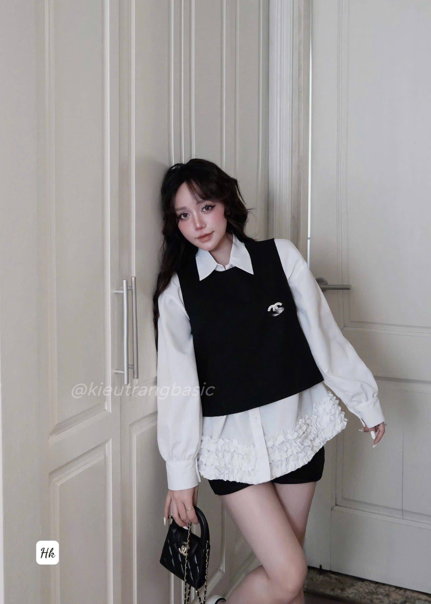  Set 3 món áo sơ mi bèo kèm gile mix quần short cạp cao form siêu đẹp - E47 ( eo S<68, M<72 ) H30 