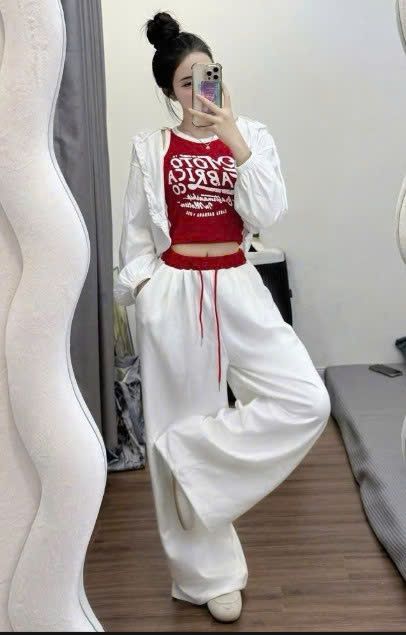  Set 3 món áo ba lỗ kèm khoác dù mix quần suông cập chun phối viền - A150 (0) 