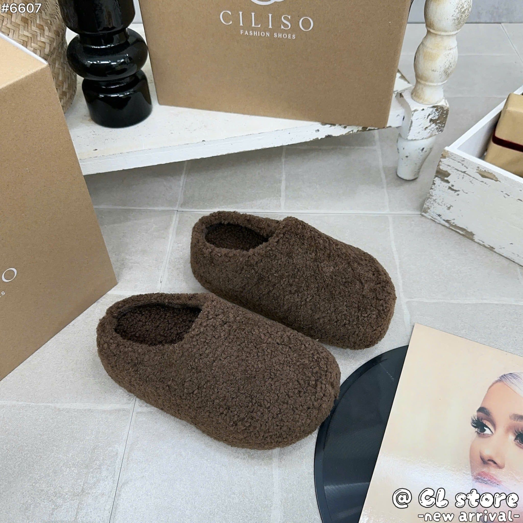  Dép sục lông đế cao HACK dáng hàng qc - NÂU ĐẬM - A68 