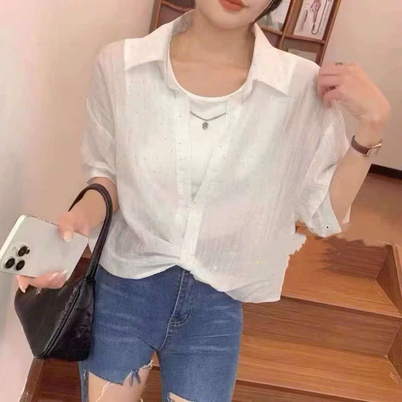  Set áo ba lỗ kèm sơ mi kiểu xoắn đính đá tay bồng kèm xích rời - TRẮNG - B150 