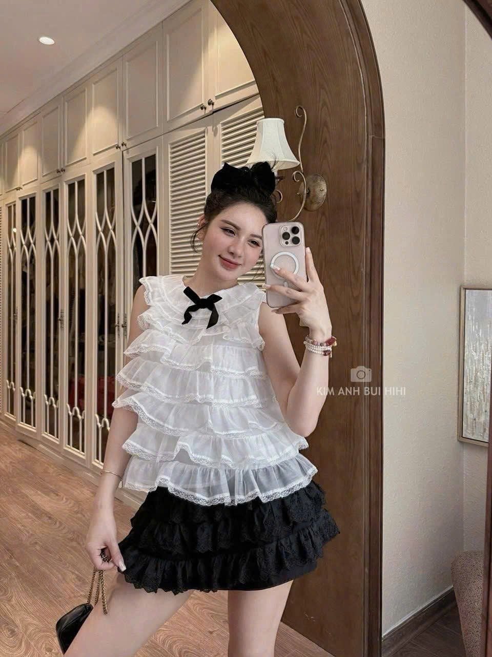  Set áo sát nách cổ tròn đính nơ lớn nhún bèo bồng phối chân váy xòe xinh xắn - E284 