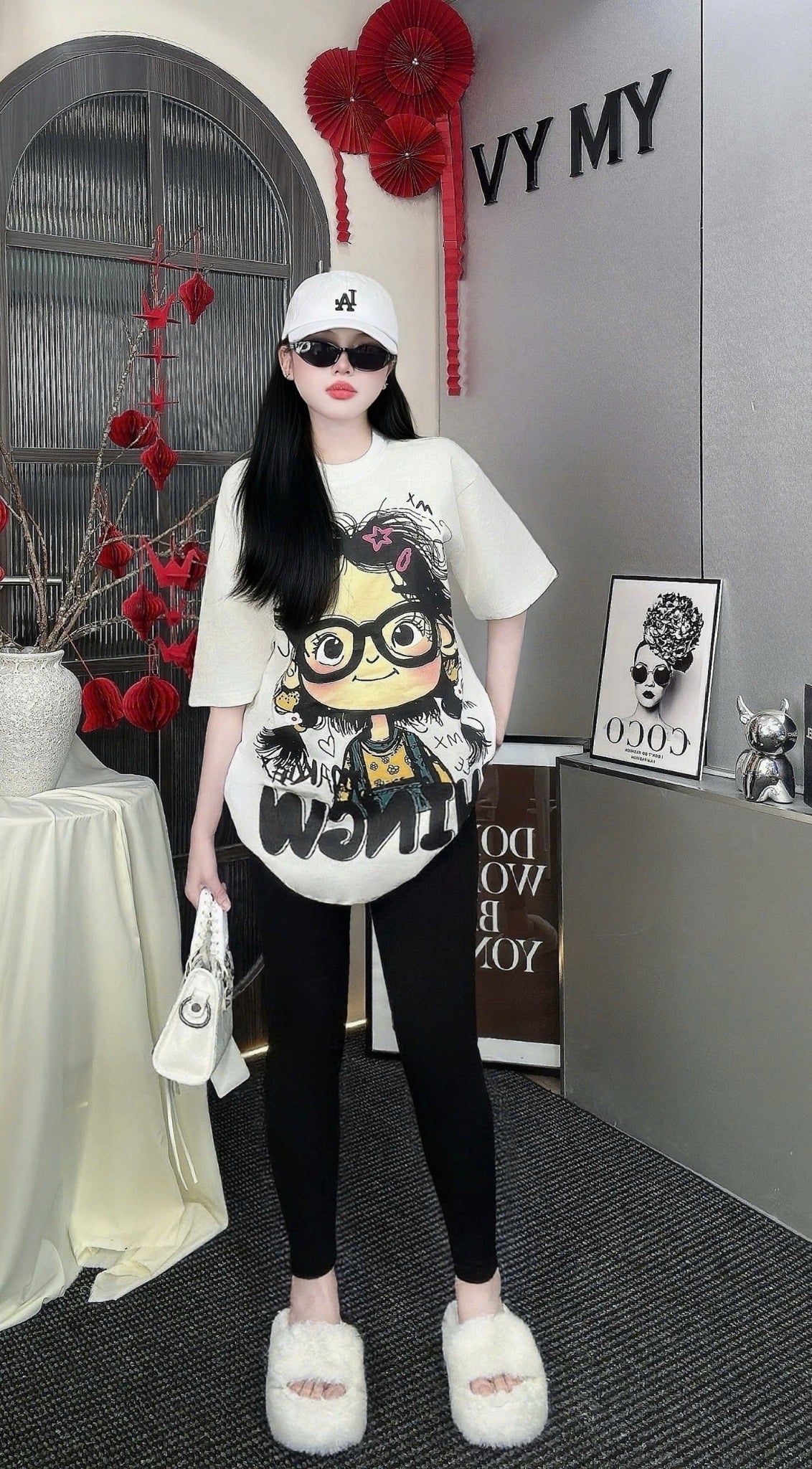  Set áo thun from rộng in hình CÔ GÁI mix quần legging - TRẮNG - Q20 