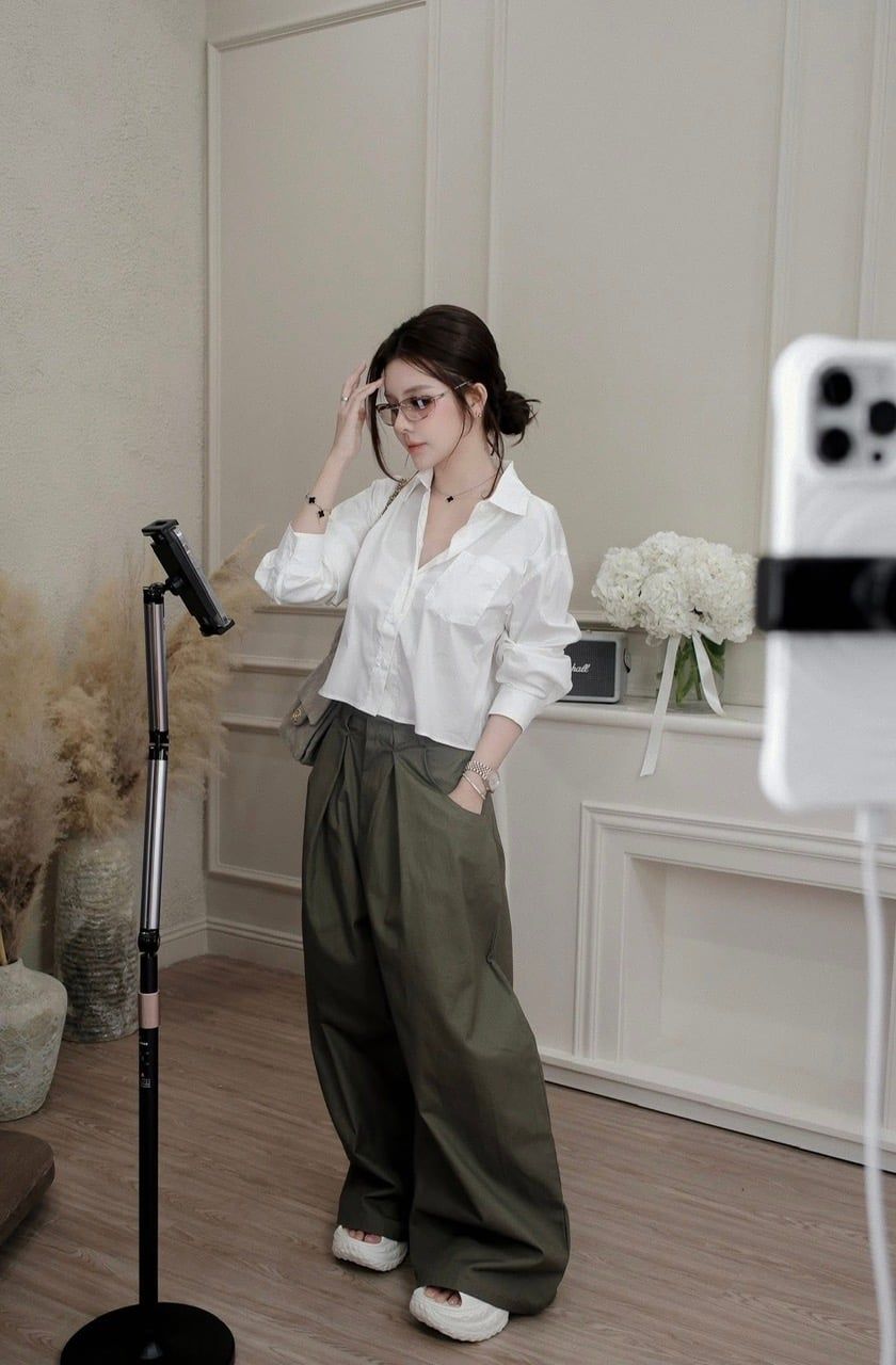  Set áo sơ mi tay dài mix quần suông rộng chic ly xịn xò - N40 ( eo S<72, M<76 ) H47 