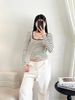 Áo thun cổ vuông tay dài kẻ sọc - KEM SỌC ĐEN - G213