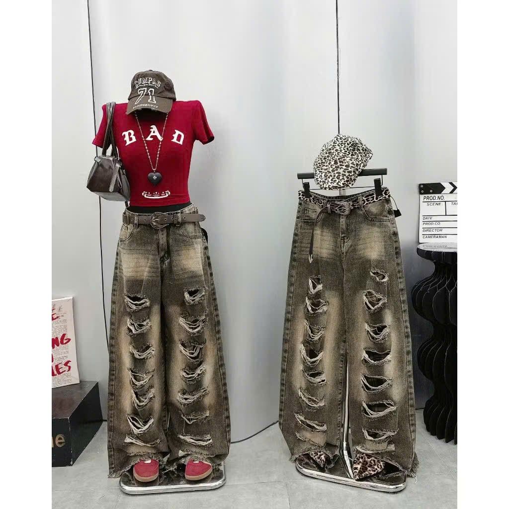  Quần jeans nữ ống rộng wash rách cá tính - R143 ( eo S<70, M<74 ) (0) 