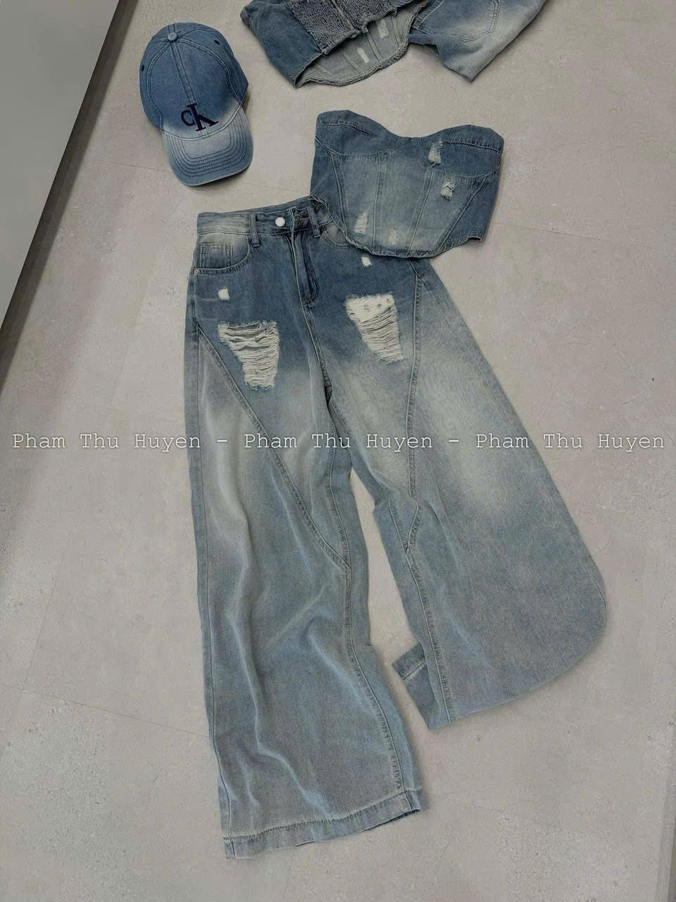  Set áo quây bo chun khoá kéo sau mix quần suông wash phối rách - B61 (EO S<68, M<72, L<76) (quần dài 110cm) 