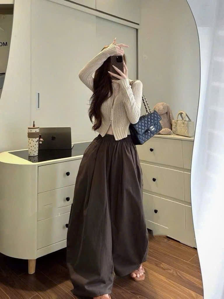  Set bộ áo len QC mix quần ống rộng dáng dài lannie - NÂU - E312 ( MÀU QUẦN ) 