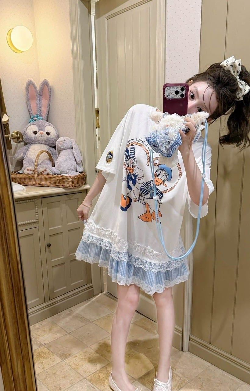  Đầm babydoll họa tiết dễ thương phối ren tầng tiểu thư - H216 