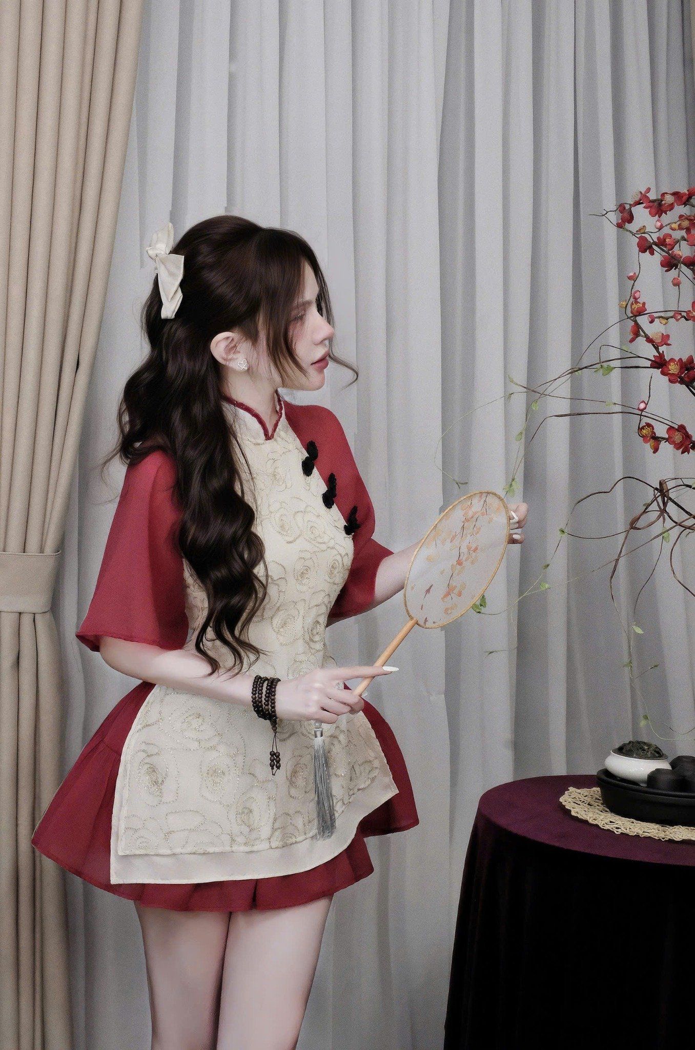  Set áo cách tân tay lỡ đính hoa mix chân váy xòe - KEM - C197 (FREESIZE <58KG) ( ÁO DÀI 70, CV DÀI 27CM )  / TÍNH MÀU ÁO 