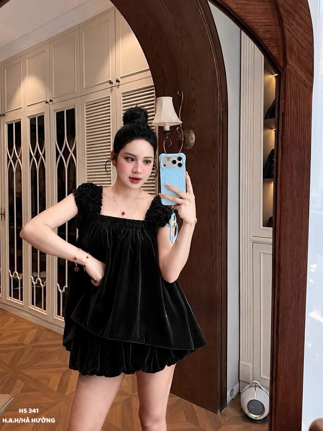  Set áo tay bo nhún chất nhung mix chân váy bí bồng - H14 