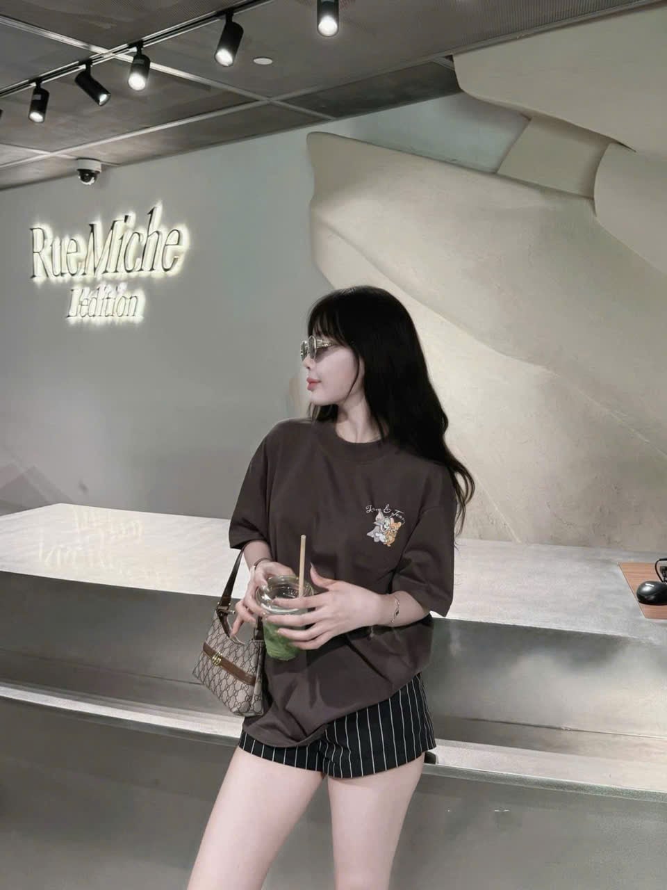  Set áo thun in hình TOM & CHERRY mix quần short kẻ lưng bảng - XÁM - S199 (EO S<68, M<72cm) 