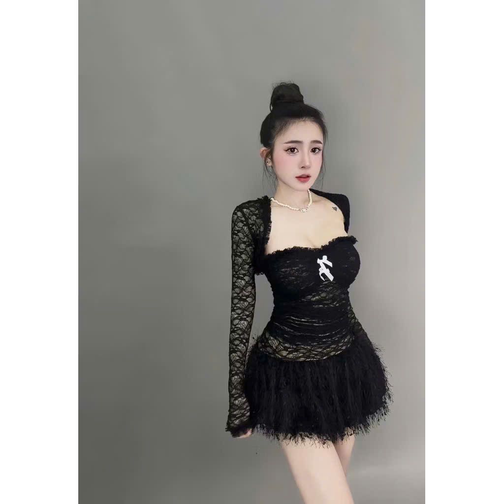  Set đầm 2 món cúp ren phối nơ tùng váy lông mềm sang chảnh - ĐEN - G67 