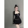 Set đầm 2 món cúp ren phối nơ tùng váy lông mềm sang chảnh - ĐEN - G67