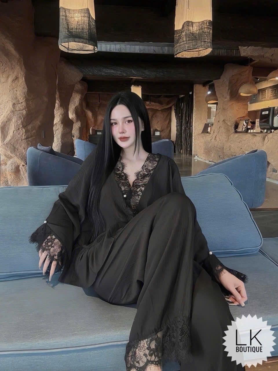  Set bộ ren sang chảnh áp tay dài kiểu dơi mix quần suông phối ren - ĐEN - E241 